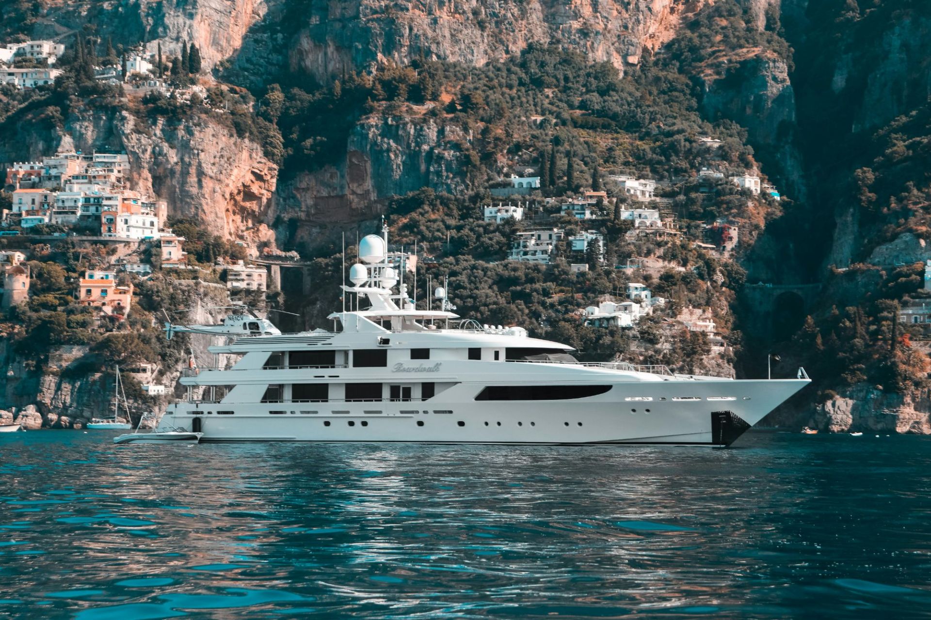 Superyacht anchored beneath the cliffs of the Amalfi Coast